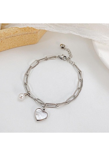 Gümüş Opk Çift Katlı Aşk İnci Paslanmaz Çelik Bileklik Gümüş