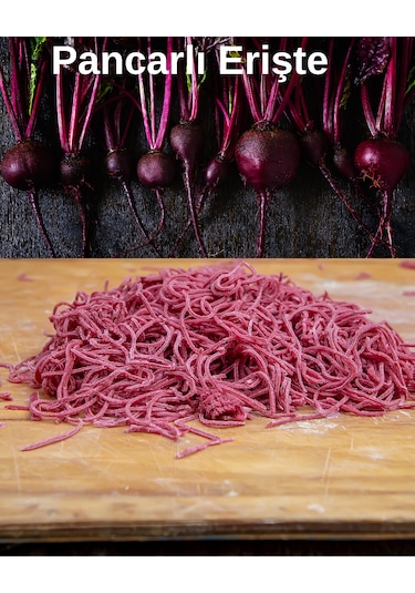 Pancarlı Erişte 400gr Buğday Unu, Pancar Püresi, Süt Ve Yumurta.