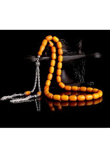 Tesbihsepetim 925 Ayar Gümüş Kral Zincir Püsküllü Kapsül Kesim Sıkma Kehribar Tesbih