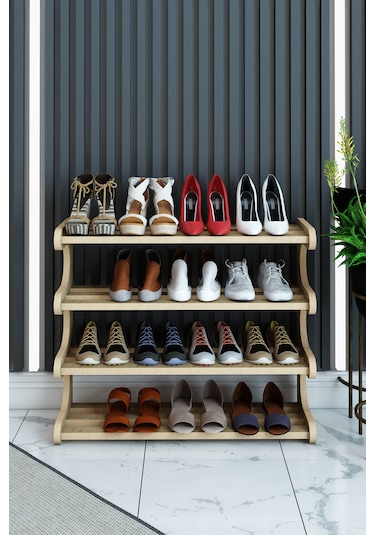 Selvi- Safir Meşe -4 Raflı Ahşap Ayakkabılık -çok Amaçlı Dekoratif Raf, Organizer Safirmeşe