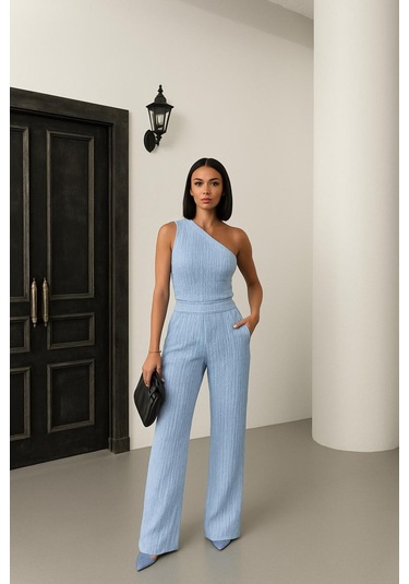 Tek Omuzlu & Gofre Dokulu İkili Takım Bebe Mavisi