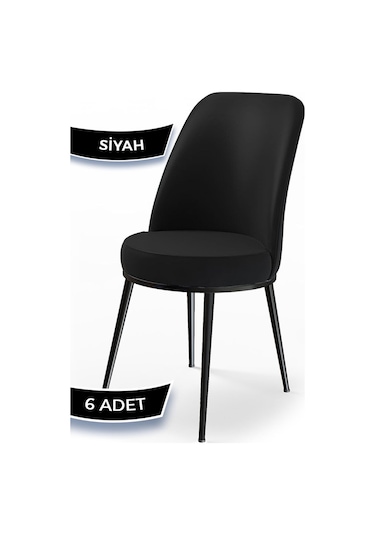 Canisa Dexa Serisi, Üst Kalite Mutfak Sandalyesi, 6 Adet Siyah Sandalye, Metal Siyah Iskeletli Siyah
