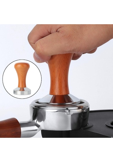 Suntek Pratik Ahşap Saplı Kahve Tamper Espresso 51 MM Koyu Kahve