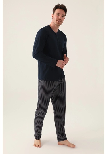 Arnetta 3013 Pamuk Uzun Kol Erkek Pijama Takımı Navy Lacivert