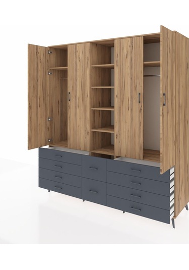 Kronos Dolap 9 Raflı 10 Çekmeceli 2 Askılı 220x59x243 Çam-çam/antrasit Atlas Çam/antrasıt