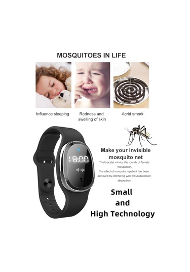 Kosona M19 Ultrasonik Sinek Kovucu Bileklik - Bebek, Hamile Ve Yetişkinler İçin Dışarıda Kullanıma Uygun, Saat Fonksiyonlu, Su Geçirmez Siyah