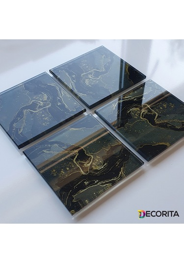 Decorita Cam Bardak Altlığı 4'lü Takım Kahverengi Simli 10 CM x 10 CM Kahverengi