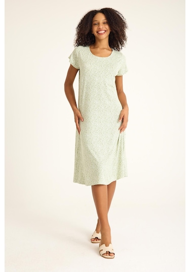 Dökümlü Rahat Kalıp Günlük Penye Kumaş Elbise Yeşil