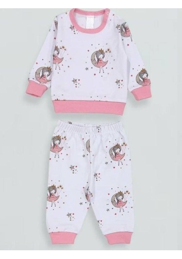 Kız Bebek Desenli Pamuklu Pijama Takım-15340 Beyaz