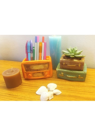 Retro Radyo Saksı Ve Kalemlik - Retro Çift Bavul Saksı- Masaüstü Dekoratif Organizer Kalemlik İkili Set 12 8 2Adet