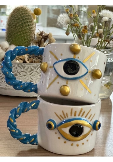 Burgu Kulp Gold Detay Göz 2 Noktalı Kalpli Mug Kupa Fincan