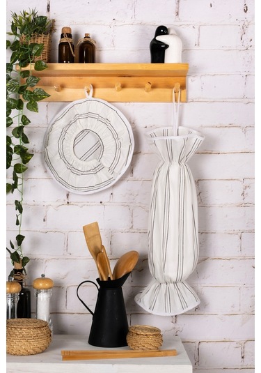 Morlay Önlük+Fırın Eldiveni+Tutacak 2 Adet+Poşetlik+Demlematik Mutfak Seti 6'lı Krem - Gri Çizgili