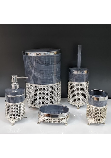 5 Parça Yuvarlak Akrilik Ferforje Banyo Seti Antrasit Gümüş Karo Desen Gri