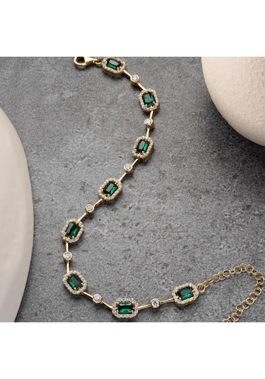 Kadın 925 Ayar Gümüş Zümrüt Taşlı Zarif Bileklik Altın