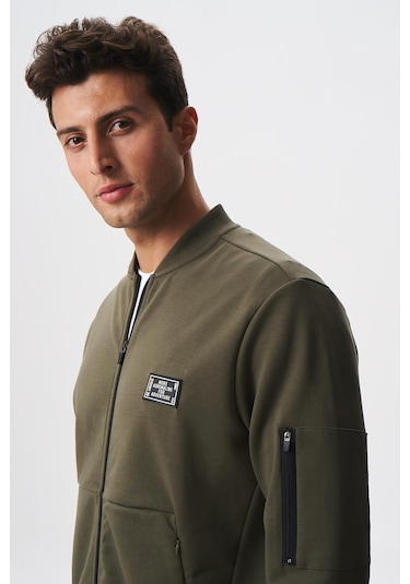 Arma Erkek Slim Fit Scuba Su Geçirmeyen Kumaş Basic Kol Cepli Tam Fermuar Kolej Yaka Sweatshirt K28324988301 Haki