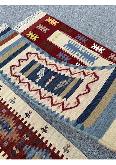 El Dokuma Dekoratif Kilim Seti 3 Adet Renkli %100 Yün Kilim