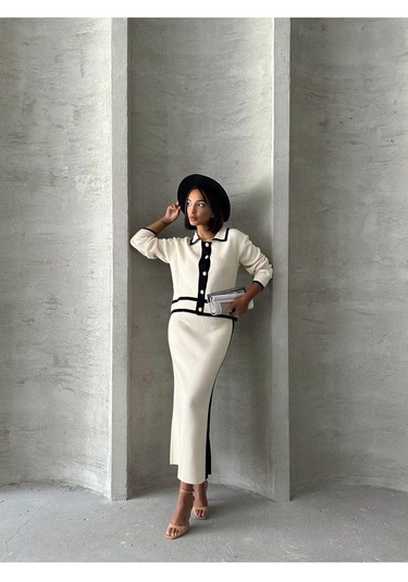 Kadın Inci Düğmeli Etekli Triko Takım Ekru