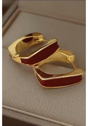 Kadın Küpe 14k Gold Renkli Mineli Preminium Halka Küpe Kırmızı