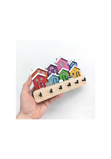 Cajuart Yanyana Renkli Evler Ahşap Dekoratif Duvar Askısı Anahtarlık Modern Dekor