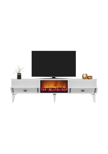 Dorruk Tv Sehpası Alt Modül Şömineli Beyaz-gümüş