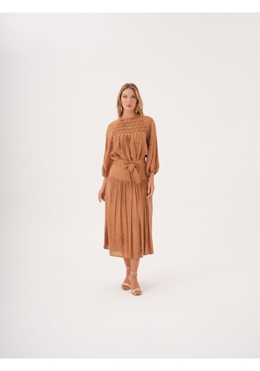 Büzgü Detaylı Kuşaklı Viskon Ve Keten Karışımlı Bluz CAMEL