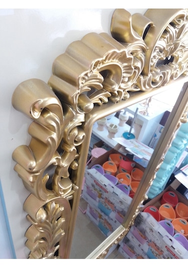 Büyük Dev Sarı Yaldız Rustik Banyo Salon Komodin Duvar Boy Aynası Sarı