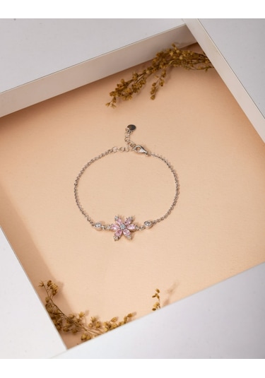 925 Ayar Pembe Taşlı Rodyum Lotus Çiçeği Gümüş Bileklik Rb10061 Gümüş