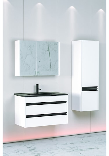 Levante 85 Cm Siyah Lavabolu Banyo Dolabı Bgn Aynalı - Boy Dolap Dahil Beyaz