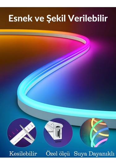 Sese Ve Müziğe Duyarlı Neon Led Rgb Esnek 5 Metre Kumandalı