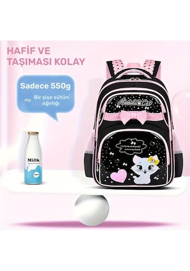 Dream011 Sevimli Çizgi Film Kedi Desenli Siyah Küçük İlkokul Çantası 1-6 Sınıflar İçin Kız Ve Çocuk Ultra Hafif Büyük Kapasiteli Siyah
