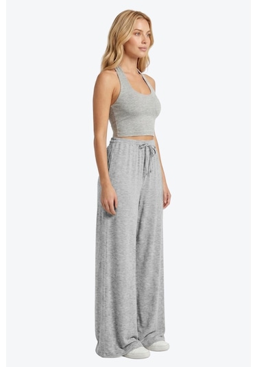 Cottonhill Gri Melanj Viskon Basic Yüksek Bel Bol Paça Bağcıklı Kadın Pantolon Cottonhill Gri Melanj Viskon Basic Yüksek Bel Bol Paça Bağcıklı Kadın Pantolon