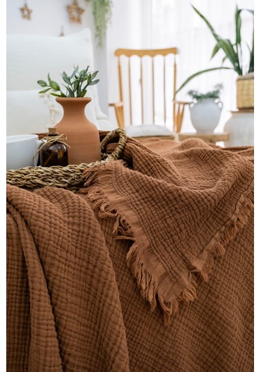 4 Katlı Müslin Yatak Örtüsü - Kahverengi Renk Çift Kişilik Pike