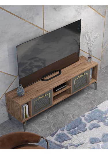 Tv Sehpası Tv Ünitesi Vera Beyaz Gold Çizgili 5052 Çok Renkli