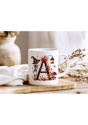 A Harfi Şapkalı İskelet Figürlü Ve Çiçekli Kupa Bardak - Cadılar Bayramı / Halloween Özel Hediye Beyaz