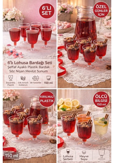 6 Lı Lohusa Bardağı Şeffaf Ayaklı Plastik Bardak Söz Nişan Mevlüt Sunum