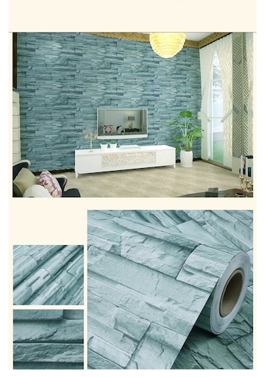 Mavi Tuğla Taş Desenli Kendinden Yapışkanlı 3d Duvar Raf Kapı Kaplama Kağıdı 3 Metre 60 Cm Çok Renkli