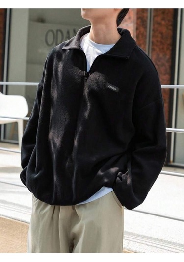 Genıus Store Erkek Polar Oversize Sweatshirt Polar Sweatshirt Siyah