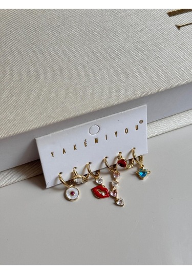 Renkli Figürlü 6 Lı Altın Renk Charm Küpe Seti Kalp, Dudak Ve Göz Detaylı Altın