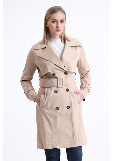 Pastelastore Esnek Pamuk Gabardin Midi 95cm Astarsız Kadın Trençkot 1118 Bej