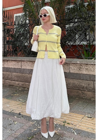 Madmext Sarı Çizgili Kadın Triko Hırka Mg2481 Sarı