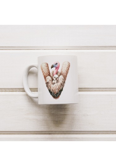 V Harfi Tasarım Bardak, Sevimli Hayvan Temalı Harf Bardağı Beyaz