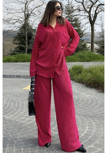 Kadın Fuşya Uzun Tunik Gömlek & Beli Lastikli, Bol Paça Pantolon - Salaş Bürümcük Takım Fuşya