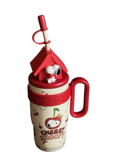 Lyon Snoopy Taşını Büyük Kapasiteli Termos Hasır Fincan 800ml Kırmızı Kırmızı