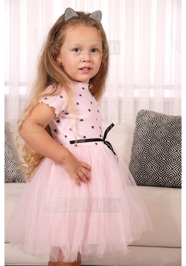 Kız Bebek-çocuk Kısa Kollu Doğum Günü Ve Özel Günler İçin Kalpli Tüllü Astarlı Elbise Kısakol-pembe Pembe