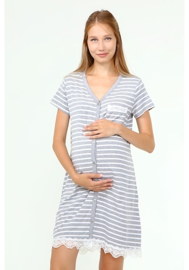 Luvmabelly Myra9720 - Düğmeli Dantelli Cepli Hamile Geceliği -çizgili Gri-gri