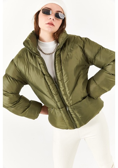 Alisse-kadın Haki Dik Yaka Kısa Şişme Mont Haki