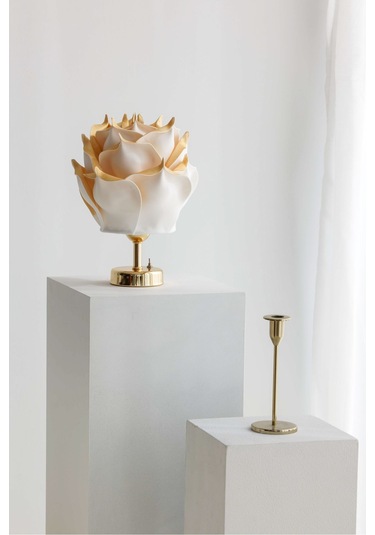 Dekor Yapay Eva Çiçeği Kablosuz Masa Lambası Üst Gold-alt Parlak Gold 9v Pil 75-90 Saat