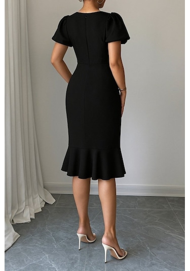 Ahes Shopping Kadın Kısa Kollu Yuvarlak Yaka Pileli Janjan Krep Elbise Siyah