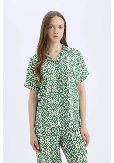 Defacto Regular Fit Desenli Kısa Kollu Gömlek C9621ax25spgn751 Yeşil