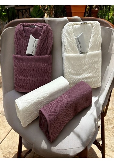 Banyo Çeyiz Seti, %100 Pamuk Bornoz Takımı, 8 Parça Aile Bornoz Seti, Havlu & Havlu Seti Mor-krem Mor